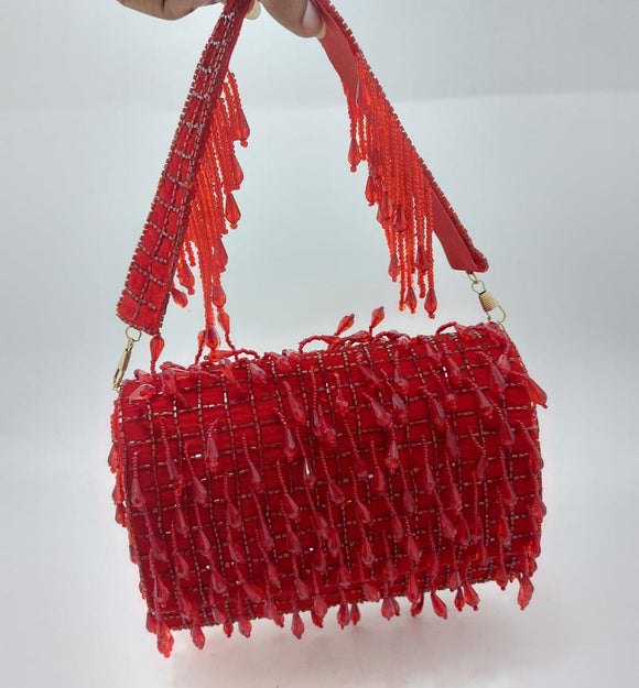 LOVELY REDS, NEW DESIGNER RED BEAD CLUTCH BAG FOR WOMEN-PANIPRBG001