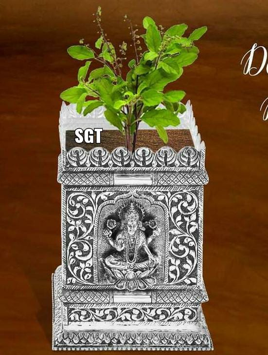 tulsi plant pot GERMAN SILVER ANTQUE FINISH LAKSHMI ENGRAVED TULSI POT-SNTP001 – www.soosi.co.in