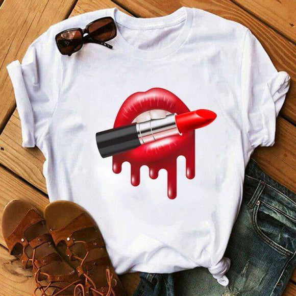 RED LIPS, White  Cosmetic Addition Tees for Girls-SHOSTS001RL