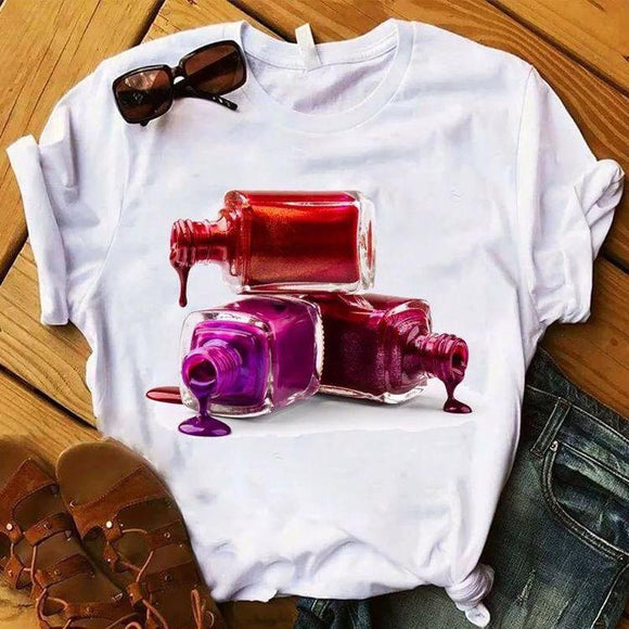 RED AND PURPLES, White  Cosmetic Addition Tees for Girls-SHOSTS001RP
