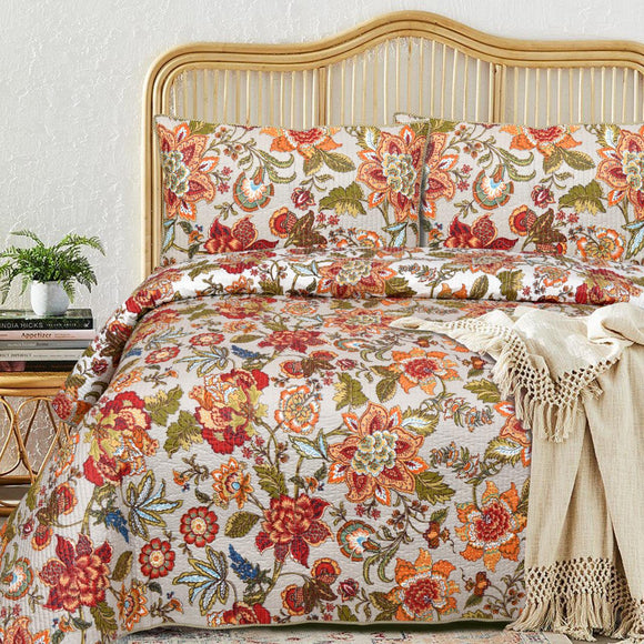 TRADITINAL FLORAL DESIGN QUILTED BEDCOVER WITH MATCHING PILLOW COVERS -PREETBCS001FT