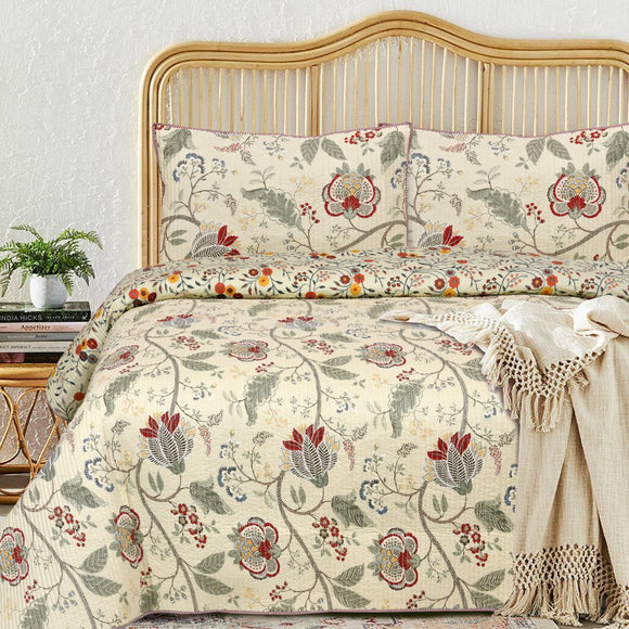 FLORAL DESIGN QUILTED BEDCOVER WITH MATCHING PILLOW COVERS -PREETBCS001F