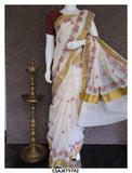 Cross Stitch Embroidered Kerala Cotton Saree with Plain Blouse and With an extra Ajrakh Printed Cotton Blouse Piece-KIAKSAB001