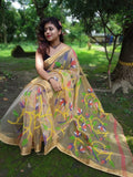 PURE RESHOM MUSLIN SILK SAREE WITH HANDWOVEN PARROT DESIGNS-ROOMSS001