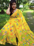 PURE RESHOM MUSLIN SILK SAREE WITH HANDWOVEN PARROT DESIGNS-ROOMSS001