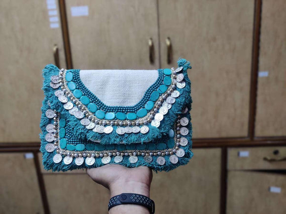 BLUE AND WHITE COLOR COMBINATION BOHO CLUCTH BAG FOR WOMEN-JCBBC001BW