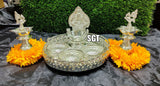 GERMAN SILVER WASHABLE TRAY WITH GAJALAKSHMI DIYA AND DECORATIONS-SNGL001