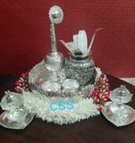 SOUBAGYAVATHI, GERMAN SILVER POOJA TRAY WITH ALL POOJA ACCESOORIES-CZYPT001