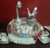SOUBAGYAVATHI, GERMAN SILVER POOJA TRAY WITH ALL POOJA ACCESOORIES-CZYPT001
