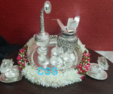 SOUBAGYAVATHI, GERMAN SILVER POOJA TRAY WITH ALL POOJA ACCESOORIES-CZYPT001