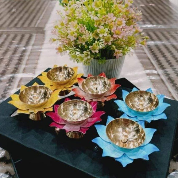 Colorful Brass Lotus Akhand Diya Set With Box (Set Of 6)-SKDBDS06001