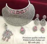 NEELAMBARI, RHODIUM FINISH HEAVY CHOKER NECKLACE WITH MAANGTIKKA FOR WOMEN-ARTCNNE001