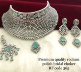 NEELAMBARI, RHODIUM FINISH HEAVY CHOKER NECKLACE WITH MAANGTIKKA FOR WOMEN-ARTCNNE001