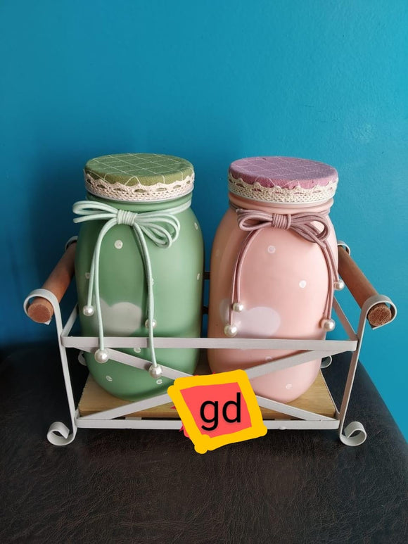 GD SET OF 2 GLASS JARS WITH METAL LIDS  AND DECORATIVE STAND -ANUBGJML001