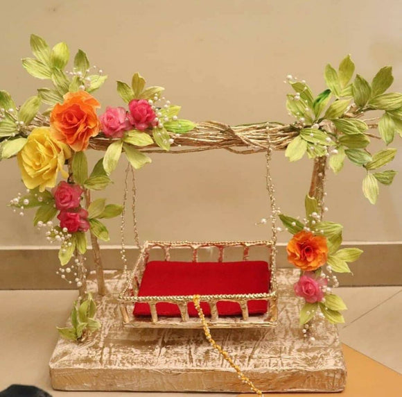 DECORATED LED LIGHTED JHULA WITH GOLDEN FLOWERS FOR LADDU GOPAL THIS JANMASHTAM-SKDDJ001YO