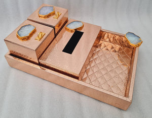 ROSE GOLD COLOR LEATHERITE TRAY WITH TISSUE HOLDER AND 2 BOXES -ANUBLT001RG