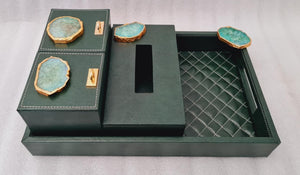 JADE GREEN  COLOR LEATHERITE TRAY WITH TISSUE HOLDER AND 2 BOXES -ANUBLT001JG