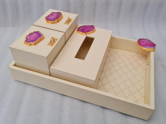 IVORY  COLOR LEATHERITE TRAY WITH TISSUE HOLDER AND 2 BOXES -ANUBLT001IV