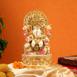 8" RARE  GANESHA MARBLE DUST STATUE WITH FINE GOLD PAINTING AND SURYA GOD ON OTHER SIDE -ANUBGSSG001