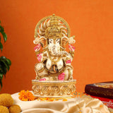 ﻿8" RARE  GANESHA MARBLE DUST STATUE WITH FINE GOLD PAINTING AND SURYA GOD ON OTHER SIDE -ANUBGSSG001