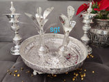GERMAN SILVER ASHTA LAKSHMI PLATE WITH BANANA TREE AND DESIGNER MOGGU DEEPAMS-SNALS001