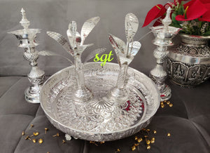 GERMAN SILVER ASHTA LAKSHMI PLATE WITH BANANA TREE AND DESIGNER