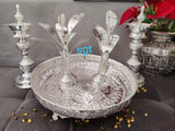 GERMAN SILVER ASHTA LAKSHMI PLATE WITH BANANA TREE AND DESIGNER MOGGU DEEPAMS-SNALS001