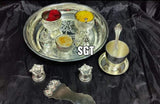 GERMAN SILVER POOJA THALI WITH HARTHI ,KUMKUM BOWLS AND BELL-SNALS001B