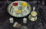 GERMAN SILVER POOJA THALI WITH HARTHI ,KUMKUM BOWLS AND BELL-SNALS001B