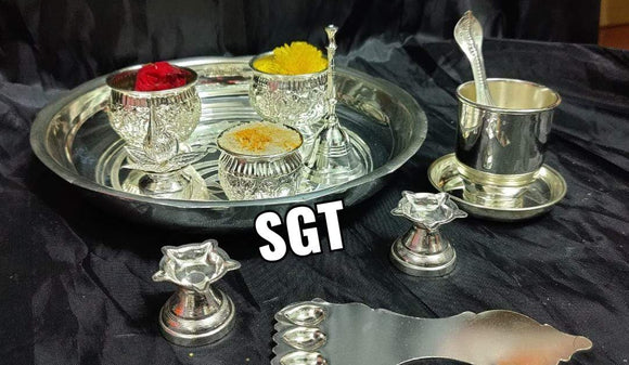 GERMAN SILVER POOJA THALI WITH HARTHI ,KUMKUM BOWLS AND BELL-SNALS001B