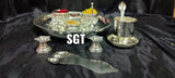 GERMAN SILVER POOJA THALI WITH HARTHI ,KUMKUM BOWLS AND BELL-SNALS001B