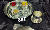 GERMAN SILVER POOJA THALI WITH HARTHI ,KUMKUM BOWLS AND BELL-SNALS001B
