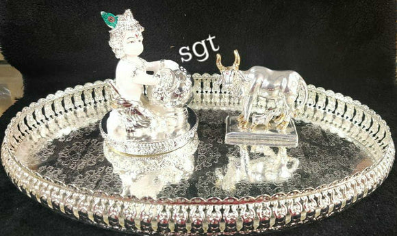Impressive Beautiful German Silver Washable Tray  with Pure silver coated White Krishna idol and  Cow and Calf-SNCC001W