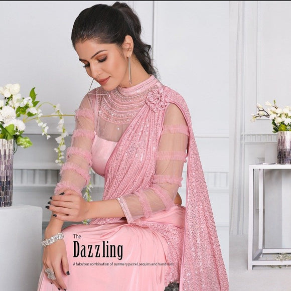 PINK SEQUINS READY TO WEAR SAREE FOR WOMEN -ANUBRWS001