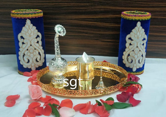Full Set impressive  German Silver washable tray with German Silver washable Pooja items and  banana tree stand-SNPTBS001