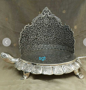 SILVER TORTOISE THRONE ,ANTIQUE FINISH GERMAN SILVER LIMITED EDITION EXCLUSIVE SINGASAN / SIMHASAN FOR  PUJA- SNTS001