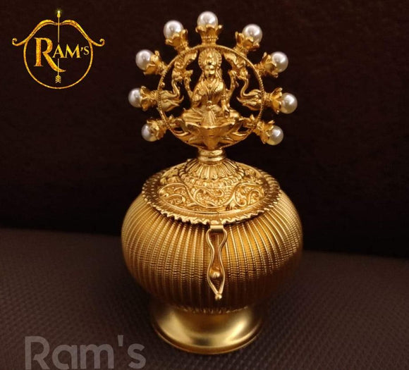 MAYURI , MATTE GOLD FINISH LAKSHMI KUMKUM DABBI/KUMKUM CHEPPU FOR WOMEN -LRKMKM001MY