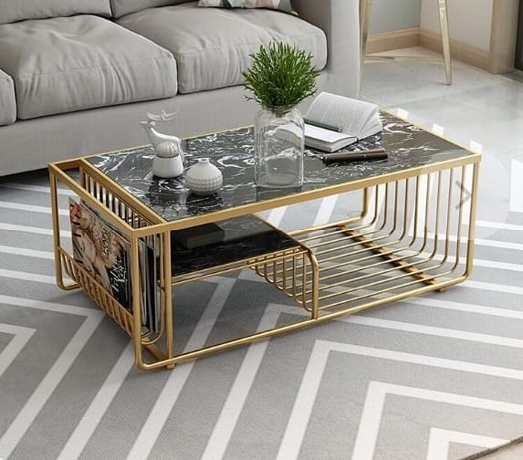 BIG SIZE GOLD FINISH  CENTER TABLE WITH GREEN MARBLE TOP -PUNEMT001