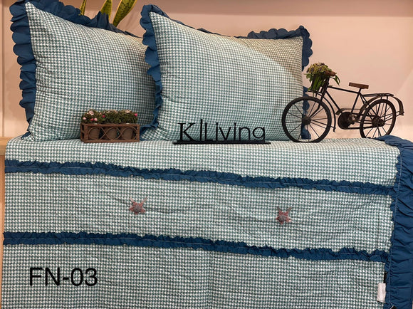 FUSION, BLUE COLOR  BED COVER WITH FRILLS AND HANDMADE FLOWERS -PREETF001BL
