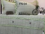 FUSION, PASTEL GREEN COLOR  BED COVER WITH FRILLS AND HANDMADE FLOWERS -PREETF001PG
