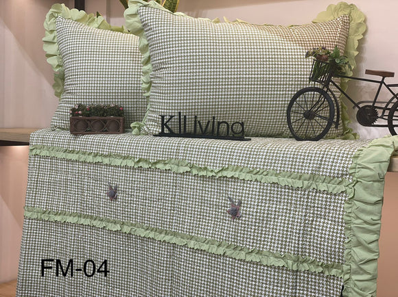 FUSION, PASTEL GREEN COLOR  BED COVER WITH FRILLS AND HANDMADE FLOWERS -PREETF001PG