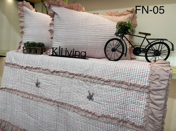 FUSION, ONION PINK COLOR  BED COVER WITH FRILLS AND HANDMADE FLOWERS -PREETF001OP
