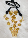 Butterfly Carving Stone Matt Gold Brass Statement Necklace with earring-SKDMSN001B