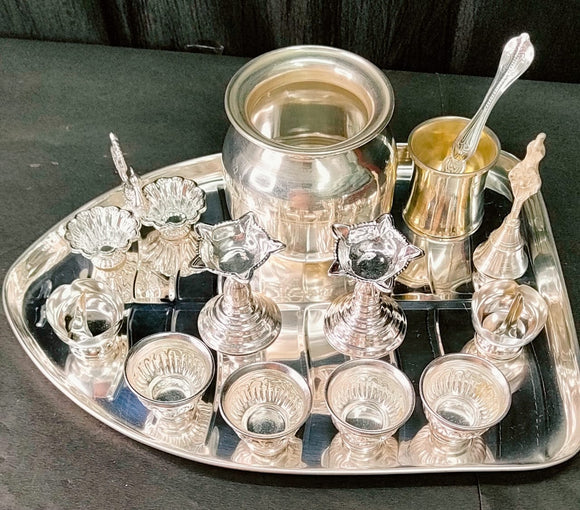 BANANA  LEAF DESIGN GERMAN SILVER THALI SET WITH PUJA ACCESSORIES-MKR3001BLT