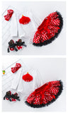 RED AND WHITE BABY ROMPER WITH FULL FLAIR POLKA DOT SKIRT ,HEAD BAND AND SHOES-OKGPSC001