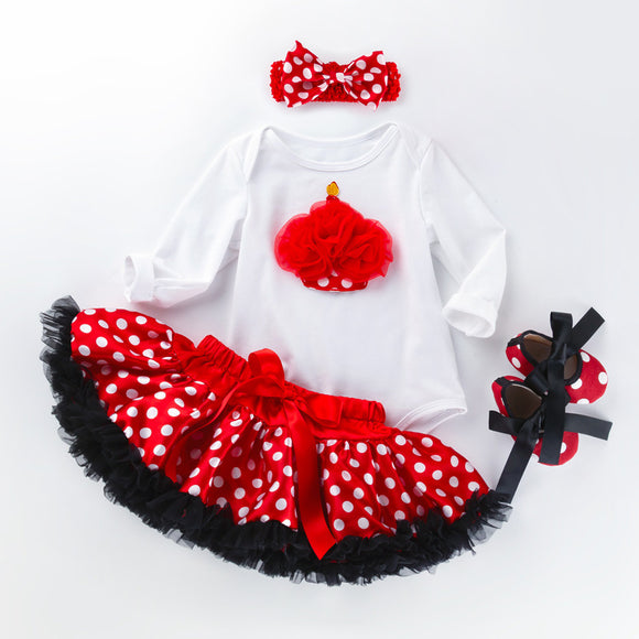RED AND WHITE BABY ROMPER WITH FULL FLAIR POLKA DOT SKIRT ,HEAD BAND AND SHOES-OKGPSC001