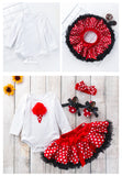 RED AND WHITE BABY ROMPER WITH FULL FLAIR POLKA DOT SKIRT ,HEAD BAND AND SHOES-OKGPSC001