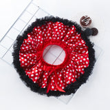 RED AND WHITE BABY ROMPER WITH FULL FLAIR POLKA DOT SKIRT ,HEAD BAND AND SHOES-OKGPSC001