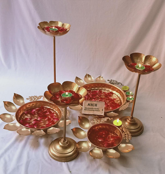 Embossed Candle Stand with Leaf Pecock Urli for Diwali Decoration-SKDPUDD001