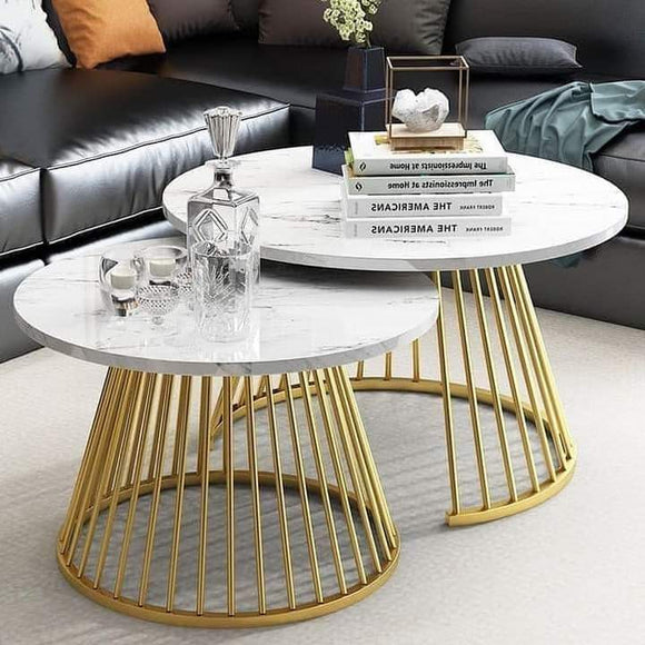 ELEGANT MATTE GOLD FINISH METAL NESTING TABLES WITH WHITE MARBLE TOP  -MOENT001R